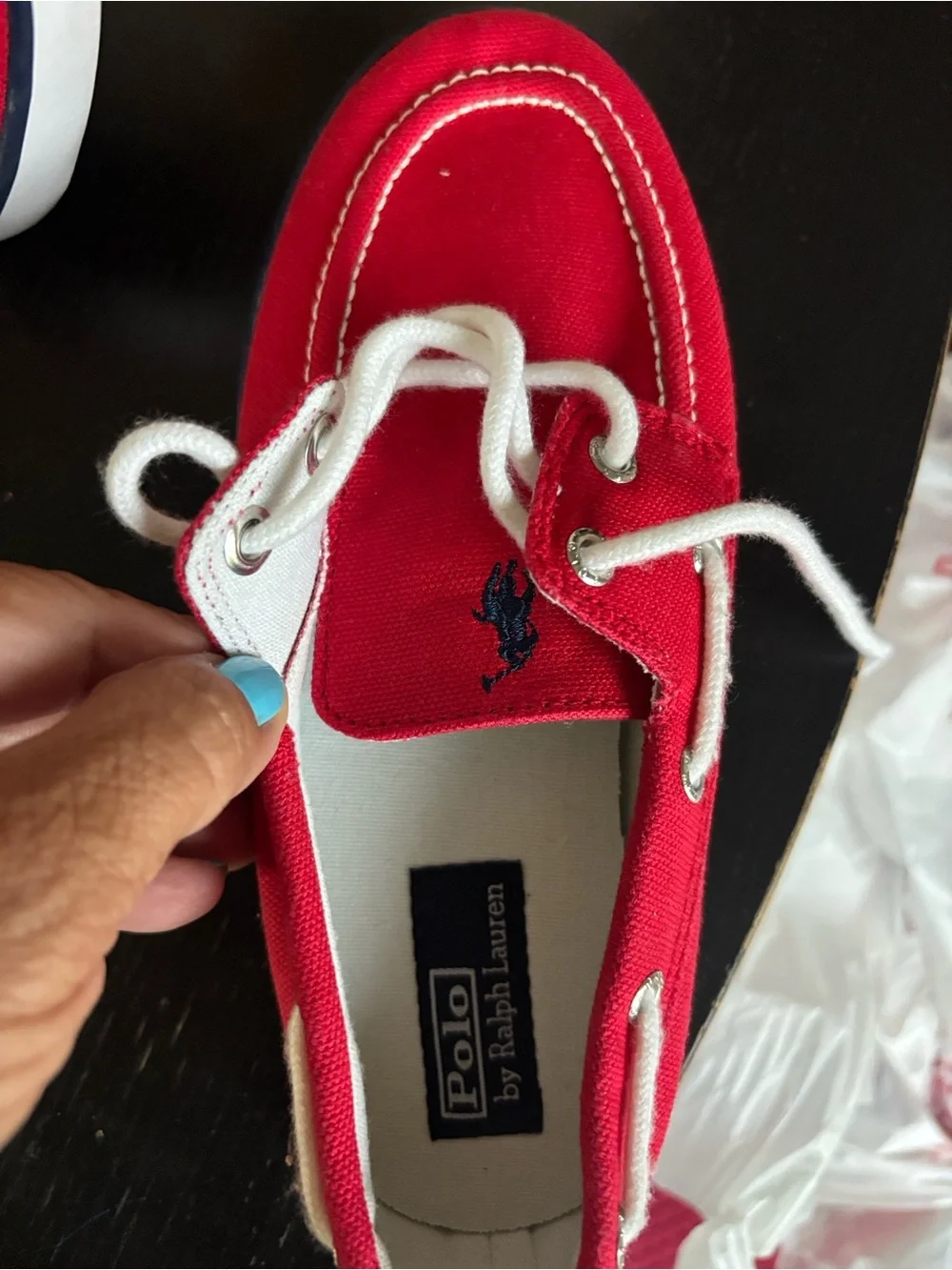 Polo by Ralph Lauren Kids Red Canvas Moccasins with White Laces